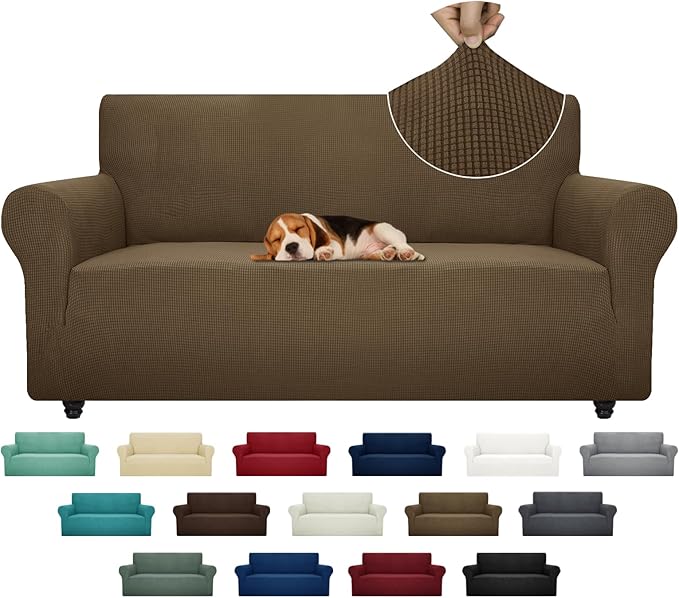 ZNSAYOTX Super Stretch Couch Cover (72"-92") Universal Sofa Covers with Elastic Bottom, Dog Cat Pets Friendly Washable Furniture Protector Fitted Sofa Slipcovers Stay in Place (Brown, Sofa)