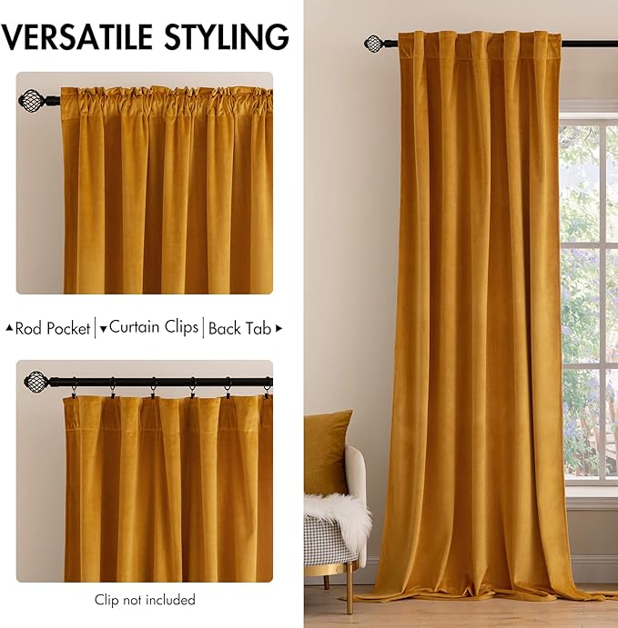 MIULEE Velvet Curtains 96 inches 2 Panels - Luxury Blackout Curtains for Bedroom Living Room Thermal Insulated Fall Decor Super Soft Window Drapes Rod Pocket & Back Tab, Mustard Yellow