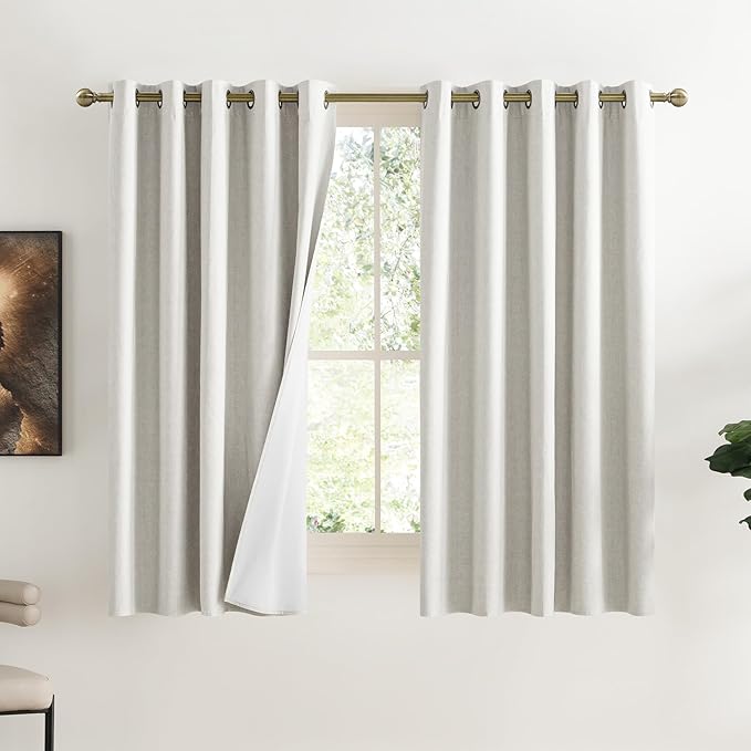 NICETOWN 100% Absolutely Blackout Linen Curtains with Thermal Insulated White Liner, Ivory, 62" W x 63" L, Set of 2, Burlap Textured Textured Linen Look Privacy Window Treatment for Kitchen
