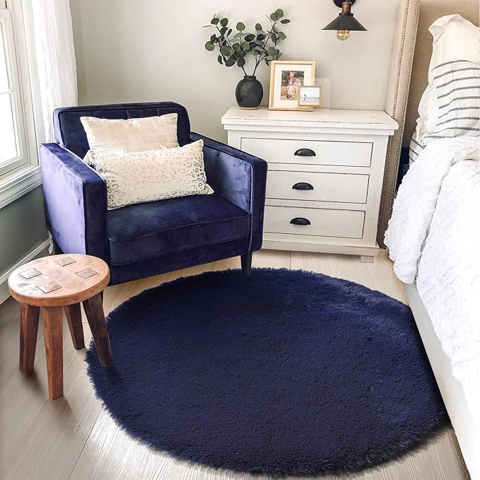 Dark Navy Round Rug 6Ft for Living Room Boys Bedroom, Fluffy Furry Fuzzy Plush Circle Area Rugs for Kids Room Decor Aesthetic, Indigo Shag Cool Dark Blue Carpet for Classroom Teen Dorm Baby Nursery