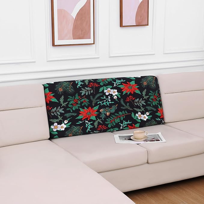 hyha Printed Couch Cushion Covers, Floral Sofa Covers Washable for Cushion Couch, Stretch Pattern Outdoor Cushion Covers for Patio Furniture with Elastic Bottom(Back Cover L, Christmas Botanical)