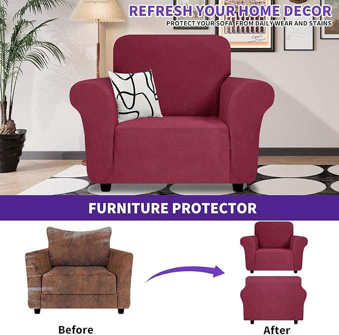 ZNSAYOTX Super Stretch Chair Slipcover (30"-47"), New Striped Sofa Chair Covers for Living Room, Dogs Pet Friendly Anti-Slip Chair Protector Spandex Armchair Slipcovers (Wine Red, Chair)