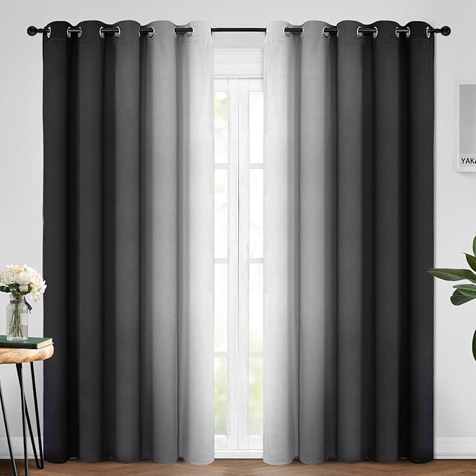Yakamok Room Darkening Ombre Curtains 84 Inch Length, Black and Greyish White Thermal Insulated Gradient Color Curtains,Light Blocking Grommet Window Drapes for Bedroom,62 Inch Width,2 Panels