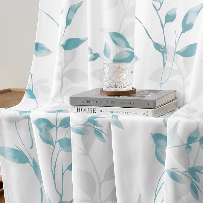 HOMEIDEAS Non-See-Through Teal and White Privacy Sheer Curtains 52 X 84 Inch Length 2 Panels, Leaf Floral Printed Light Filtering Semi Sheer Window Curtains Drapes for Bedroom Living Room