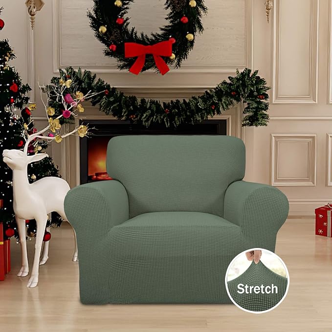 Easy-Going Stretch Chair Sofa Slipcover 1-Piece Couch Sofa Cover Furniture Protector Soft with Elastic Bottom for Kids, Pet. Spandex Jacquard Fabric Small Checks (Chair, Greyish Green)