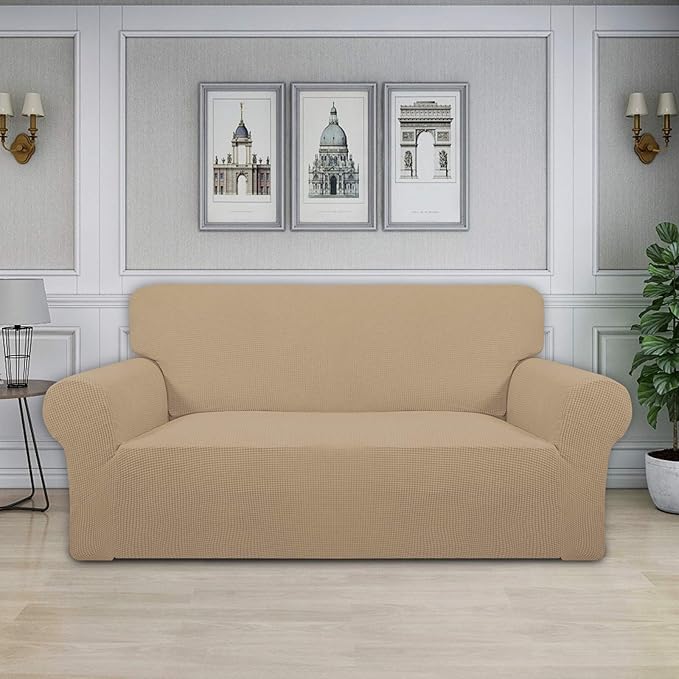 Easy-Going Stretch Oversized Loveseat Slipcover 1-Piece Sofa Cover Furniture Protector Couch Soft with Elastic Bottom for Kids Polyester Spandex Jacquard Fabric Small Checks Sand