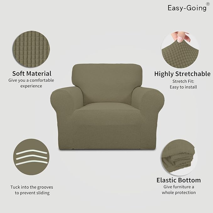 Easy-Going Stretch Chair Sofa Slipcover 1-Piece Couch Sofa Cover Furniture Protector Soft with Elastic Bottom for Kids, Pet. Spandex Jacquard Fabric Small Checks (Chair, Khaki)