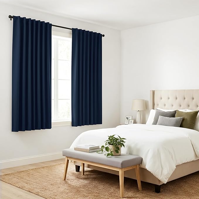 PONY DANCE Bedroom Blackout Curtains - 54 Inches Long Curtain Drapes with Back Loops Slot with Rod Pocket Design Privacy Protect Energy Saving, 52 W x 54 L, Navy Blue, 1 Pair