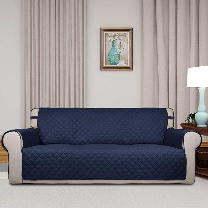 PureFit Reversible Quilted Sofa Cover, Water Resistant Slipcover Furniture Protector, Washable Couch Cover with Non Slip Foam and Elastic Straps for Kids, Dogs, Pets (Sofa, Navy/Ivory) Large