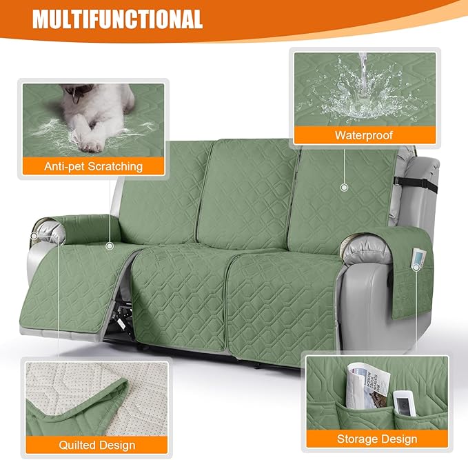 VANSOFY Waterproof Recliner Couch Covers, Sofa Covers Non-Slip 1-Piece Washable Reclining Sofa Cover Furniture Protector with Elastic Straps Pocket for Dogs, Pets(Bean Green,3 Seater)