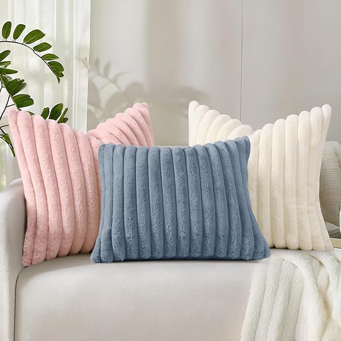 decorUhome Cozy Faux Fur Throw Pillow Covers 26x26 Set of 2 Decorative Soft Plush Striped Modern Farmhouse Boho Couch Euro Sham Pillow Cases with Velvet Back for Sofa Bed Living Room, Grey Blue