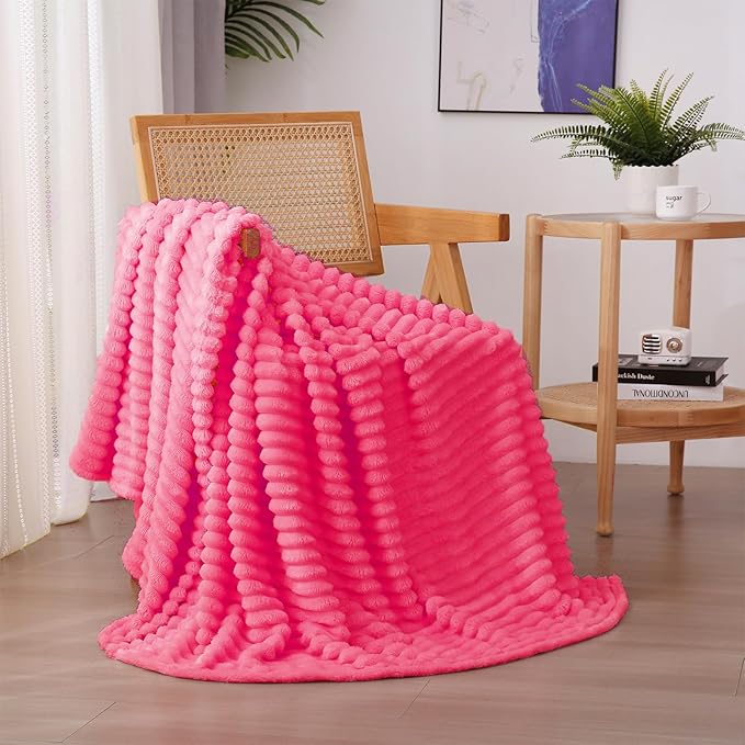 Valentines Day Decorations Hot Pink Fleece Throw Blanket 50”×60” for Couch Sofa,Cozy Plush Microfiber Flannel Blanket with Stripes Design Lightweight Gifts for Adults Woman Girls