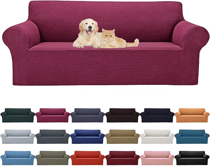 Cupuamon 2026 New Stretch Oversized Sofa Slipcovers Couch Sofa Cover for 4 Seater Furniture Protector Covers with Elastic Bottom Jacquard Fabric Small Checks for Pets, Kids - Wine