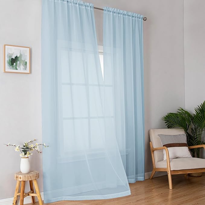 OWENIE Sheer Curtains 96 inches Long for Bedroom Living Room, Solid Light Filtering Fimly Sheer Curtains with Rod Pocket Top, Soft Sheer Long Curtains, Each 42Wx96L inch, Sky Blue