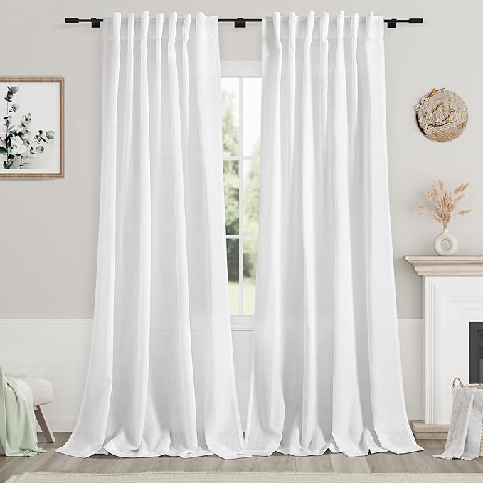 Nanspring Extra Long White Curtain 102 inches Long 2 Panels Set for Living Room Back Tab Modern Farmhouse Decor Cotton Textured Off White Sheer Linen Curtains 102 inch Length for Large Window