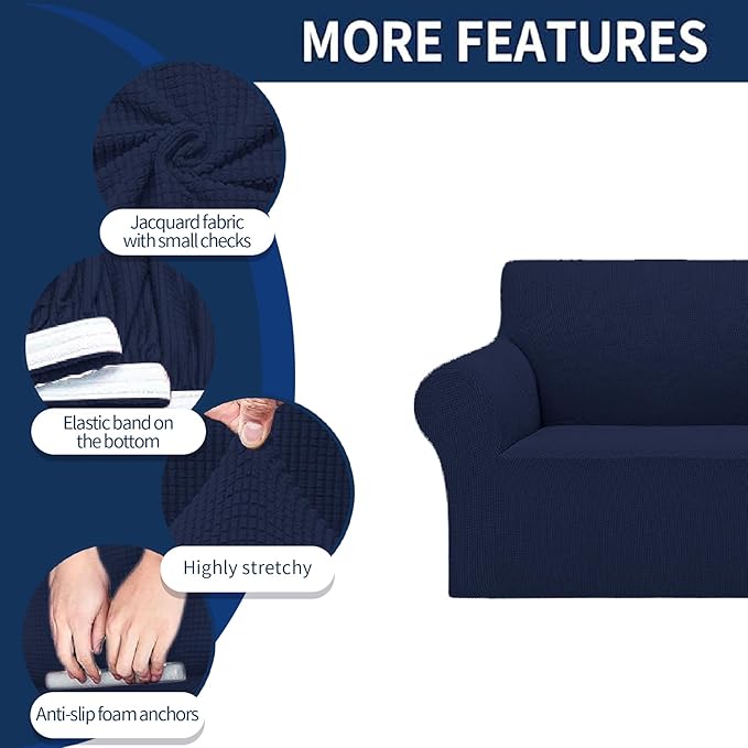 Cupuamon 2026 New Stretch Sofa Slipcovers Couch Cover for 3 Cushion Furniture Protector Sofa Covers with Elastic Bottom Jacquard Fabric Small Checks for Pets, Kids -Sofa, Navy