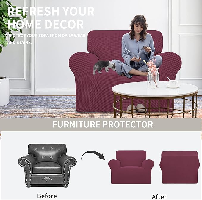 Easy-Going Stretch Oversized Chair Sofa Slipcover 1-Piece Couch Sofa Cover Furniture Protector Soft with Elastic Bottom for Kids Spandex Jacquard Fabric Small Checks ASH Rose