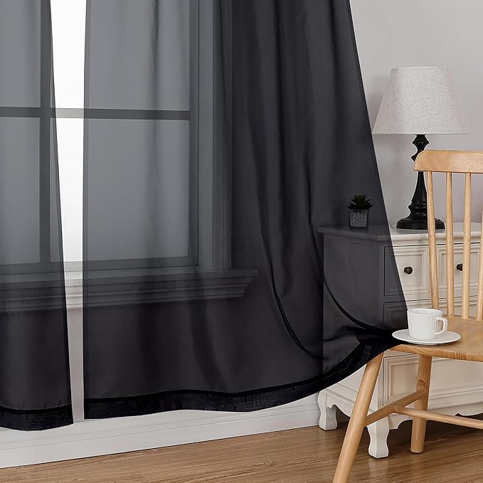 Simplebrand Black Sheer Kitchen Cafe Curtains - 36X36 Inch, 2 Paneled Tier Curtain Rod Pocket Sheers for Bathrooms, Small Windows