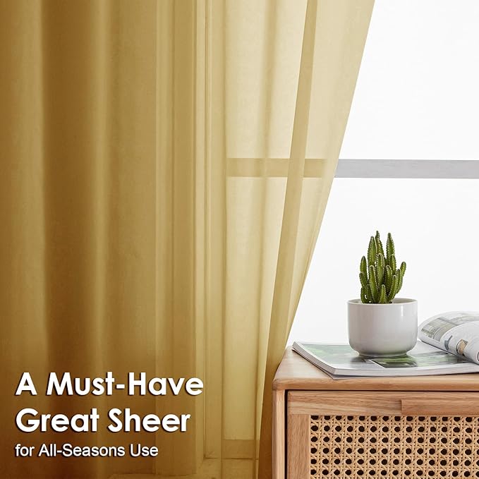 OVZME Gold Sheer Curtains 54 Inches Long 2 Panels - Soft Light Filtering Window Sheer Panels for Living Room/Bedroom, Top Dual Rod Pocket, 1 Pair, Each 42Wx54L Inches