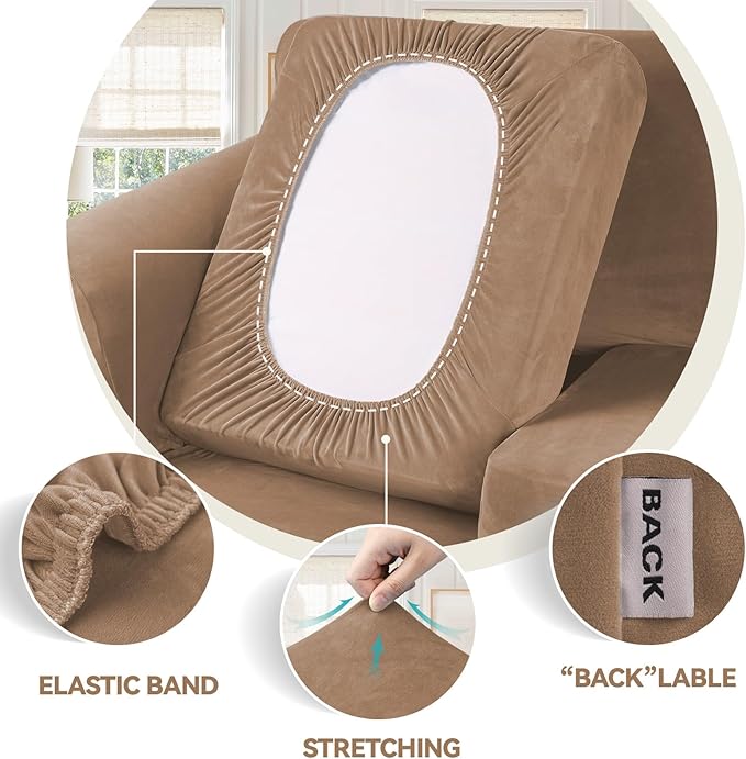 WEERRW Velvet Stretch Chair Sofa Slipcover - 2 Pieces Luxury Soft Velvet Plush Couch Cover Furniture Protector with Elastic Bottom for Pets, Machine Washable, Camel, Small