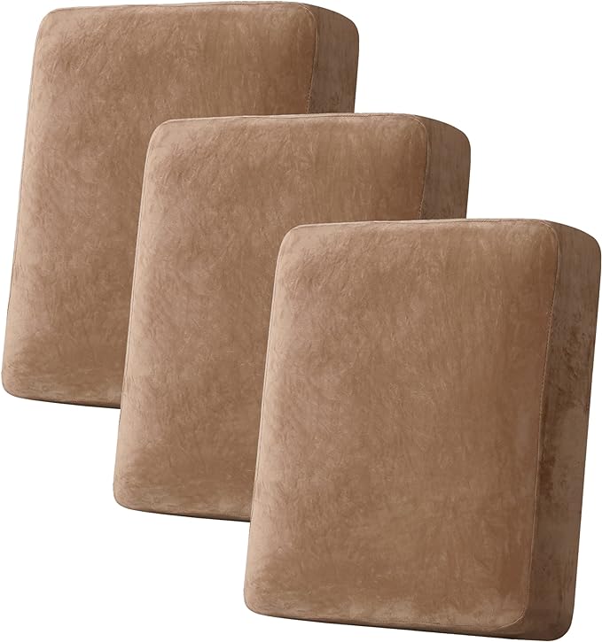 H.VERSAILTEX Velvet Stretch Couch Cushion Cover Plush Cushion Slipcover for Chair Loveseat Sofa Cushion Furniture Protector Seat Cushion Sofa Cover (3 Piece Sofa Cushion Covers, Camel)