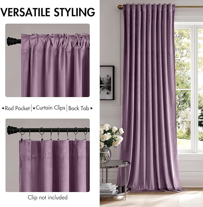 MIULEE Lavender Velvet Curtains 96 inches - Luxury Blackout Curtains for Bedroom Living Room Thermal Insulated Super Soft Window Drapes Rod Pocket & Back Tab, W52 x L96 inches,Purple,2 Panels