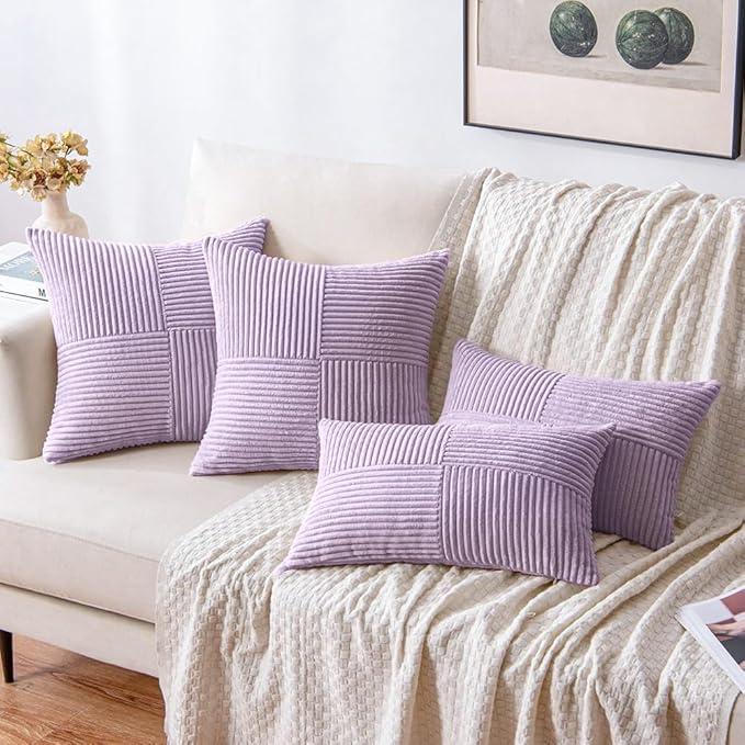 MIULEE Purple Decorative Throw Pillow Covers 18x18 Inch for Couch Bed Sofa Pack of 2 Lavender Boho Farmhouse Throw Pillows Soft Cross Corduroy Patchwork Textured Cushion Cases