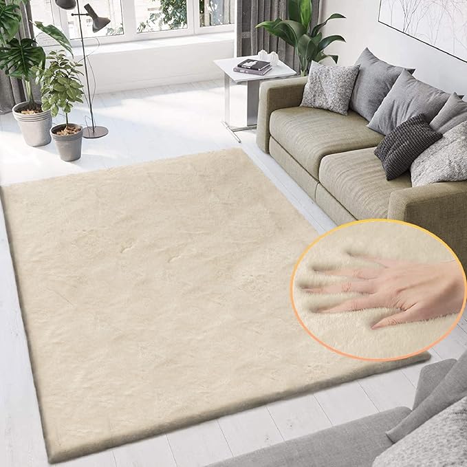 ORINOVA 5x8 Area Rug Light Brown Beige Plush Shaggy Rugs for Bedroom Washable Faux Rabbit Fur Rug for Living Room Fluffy Large Nursery Rug Home Décor