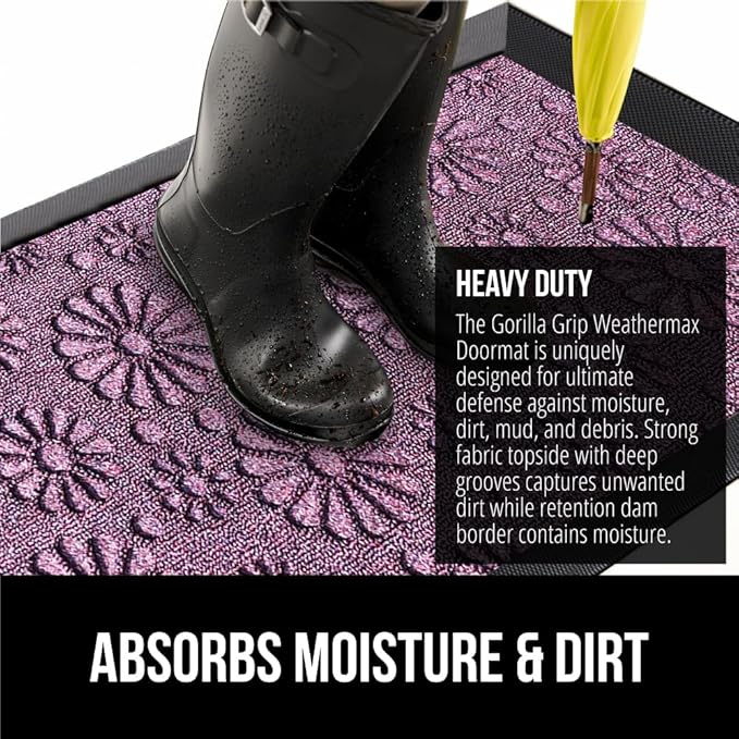 GORILLA GRIP 100% Waterproof All-Season WeatherMAX Doormat, Durable Natural Rubber, Stain and Fade Resistant, Low Profile, Indoor Outdoor Door Mats, Easy Clean Entry Mat, 29x17, Purple Confetti Daisy