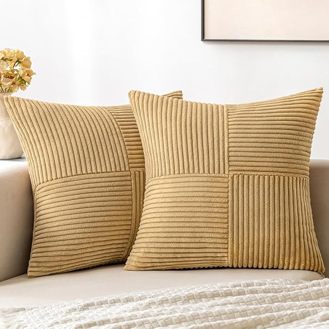 MIULEE Khaki Decorative Throw Pillow Covers 18x18 Inch for Couch Bed Sofa Pack of 2 Boho Farmhouse Throw Pillows Soft Cross Corduroy Patchwork Textured Cushion Cases