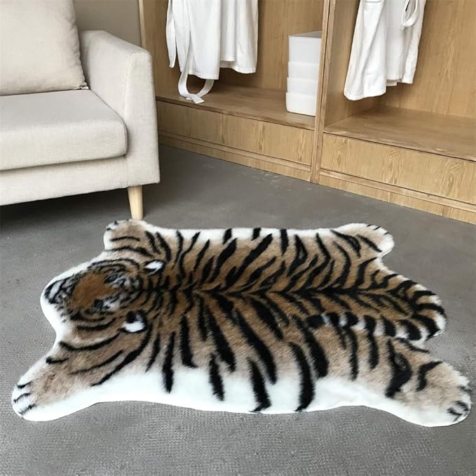 Tiger Print Area Rug Faux Cowhide Skin Hide Animal Printed Rugs Cute Carpet Nonslip Mat Premium Quality Rug and Chair Cover 35.4x43.3inch