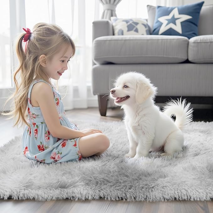 Super Soft Shaggy Area Rugs for Bedroom 4x6 Feet, Shaggy Plush Living Room Shag Furry Floor Rugs, Non-Shedding Indoor Rugs for Living Room Decor(4 x 6, Light Grey Tie-Dyed)