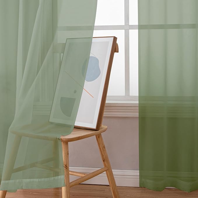 Simplebrand Sage Green Sheer Curtains 96 Inches Long, Light Filtering Rod Pocket Solid Color Window Sheer Curtain Panels, Elegant Curtains & Drapes for Living Room, Bedroom 2 Panels, 59" W x 96" L