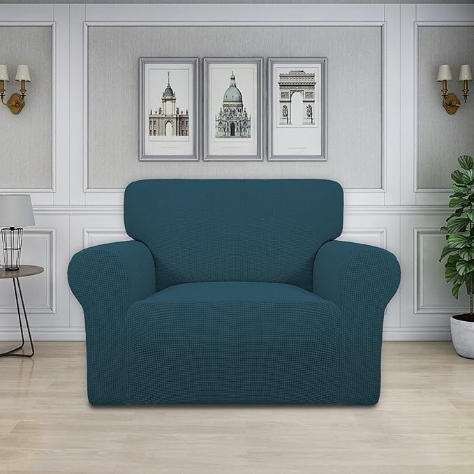 Easy-Going Stretch Oversized Chair Sofa Slipcover 1-Piece Couch Sofa Cover Furniture Protector Soft with Elastic Bottom for Kids Spandex Jacquard Fabric Small Checks Deep Teal