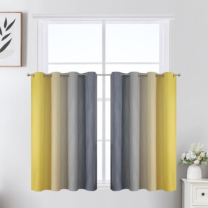 Estelar Textiler Grey and Yellow Ombre Short Blackout Curtains 36 Inch Long, Thermal Insulated Grommet Small Half Window Drapes for Cafe/Basement/RV Camper/Kitchen, 52Wx36L, 2 Panels