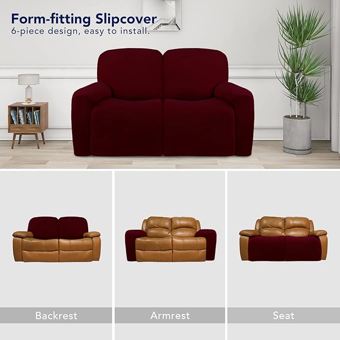 PureFit Super Stretch Loveseat Recliner Sofa Couch Cover with Pocket – 2 Seats Non Slip Soft Sofa Slipcover, Washable Reclining Furniture Protector for Kids, Pets (Recliner Loveseat, Wine)