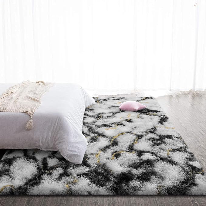 TWINNIS Super Soft Shaggy Rugs Fluffy Carpets, 4x5.9 Feet, Indoor Modern Plush Area Rugs for Living Room Bedroom Kids Room Nursery Home Decor, Upgrade Anti-Skid Rectangular Fuzzy Rug, Grey Gold