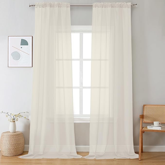 OVZME Cream Sheer Curtains 108 Inches Long 2 Panels - Soft Light Filtering Window Sheer Panels for Living Room/Bedroom, Top Dual Rod Pocket, 1 Pair, Each 42Wx108L Inches