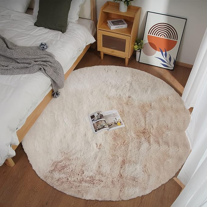 Ghouse Faux Rabbit Fur Round Rug 8ft Light Brown Beige Round Rugs for Bedroom Decor Fluffy Area Rugs for Living Room, no-Shedding Carpet Sheepskin Washable Rug Rome Decor