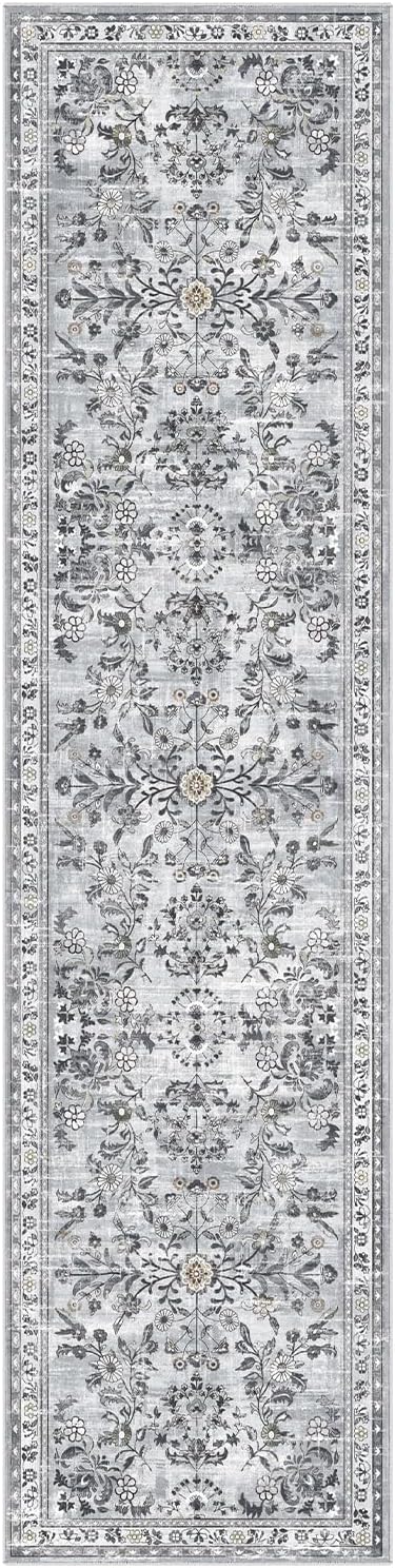 Yamaziot Washable Runner Rug 2x8 – Non Slip Boho Floral Hallway Runner Rug with Rubber Backing, Low Pile Faux Wool Distressed Carpet for Kitchen, Laundry, Bedroom, Entrance, Gray