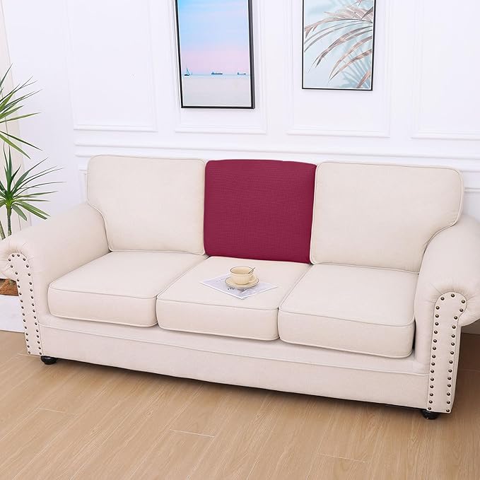 hyha Waterproof Couch Cushion Covers for Pets, Non Slip Sofa Seat Cover for Dogs Washable, Soft Thick Stretch Jacquard Fabric, Sofa Slipcovers with Elastic Bottom (1 Piece for Backrest M, Wine Red)