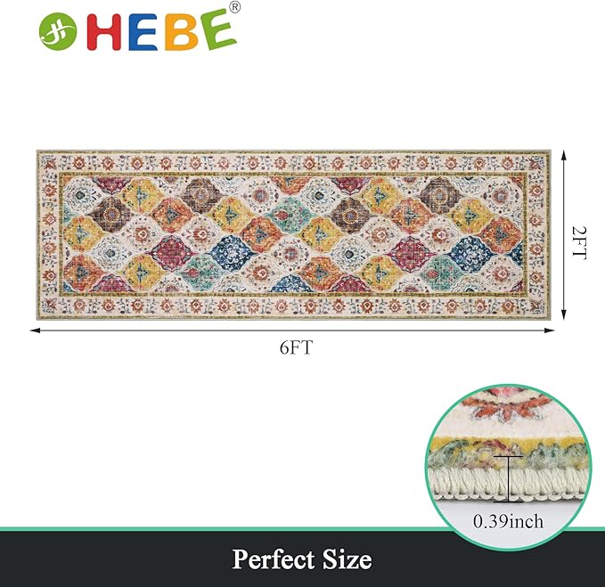 HEBE Hallway Runner Rug 2'x6' Washable Vintage Distressed Area Rugs Non Slip Laundry Rug Runner Boho Floor Carpet Runners for Hallways Entryway Laundry Room Kitchen Bathroom