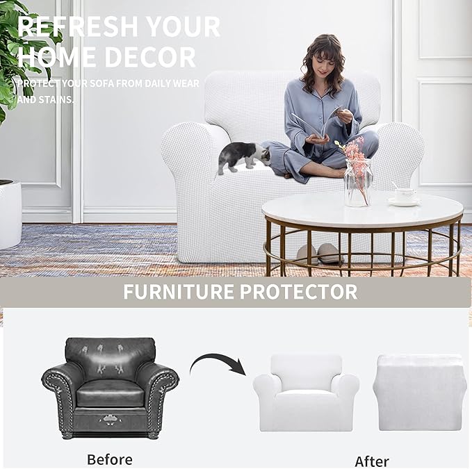 Easy-Going Stretch Oversized Chair Sofa Slipcover 1-Piece Couch Sofa Cover Furniture Protector Soft with Elastic Bottom for Kids Spandex Jacquard Fabric Small Checks Snow White