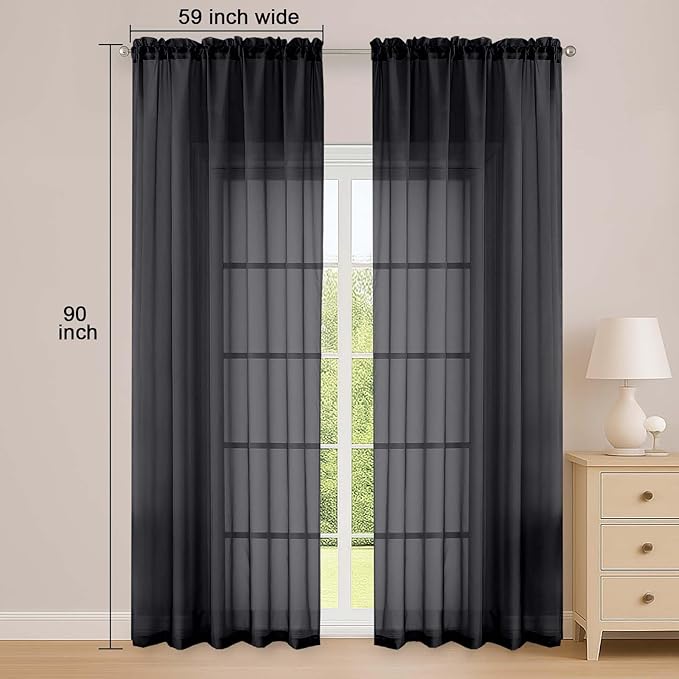 OWENIE Black Sheer Curtain 90 Inches Long 2 Panels Set, Solid Filmy Drapes for Living Room Bedroom, Elegant Window Voile Sheer Curtain Panels Drapes, 2 Pcs, Each 59W x 90L Inch