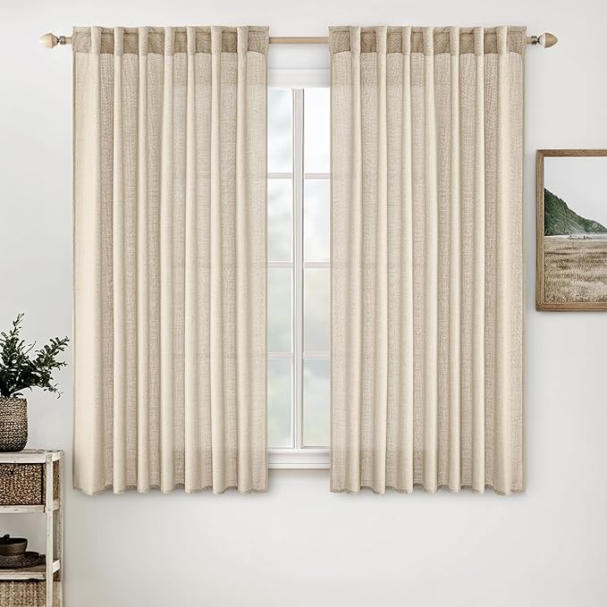 MIULEE Light Taupe Linen Curtains 45 Inch Length 2 Panels for Bedroom Living Room, Soft Linen Textured Window Drapes Semi Sheer Light Filtering Back Tab Rod Pocket Farmhouse Modern Burlap Look Decor