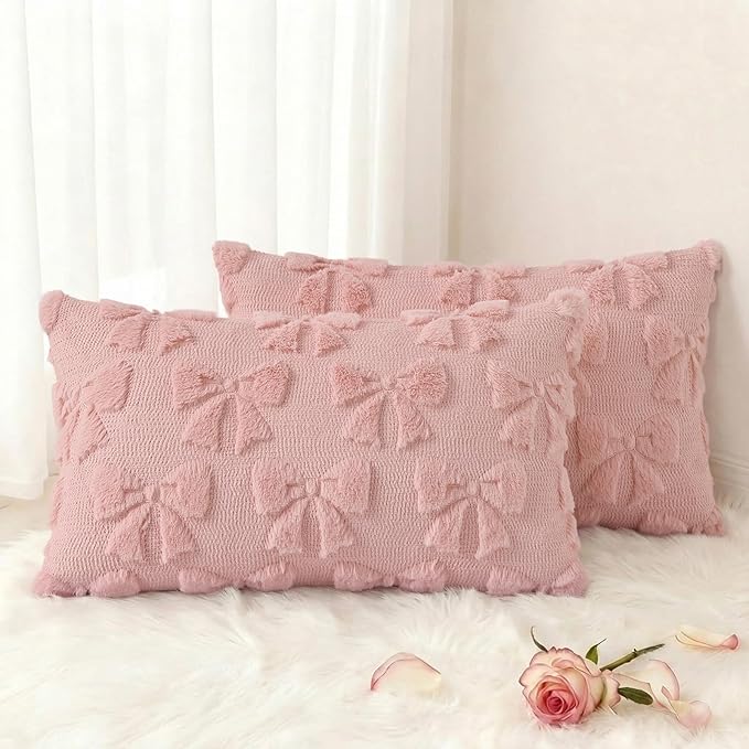 decorUhome Pink Bow Pillow Covers Set of 2 Coquette Aesthetic Cute Preppy Plush Faux Pillowcases for Girly Bedroom or Couch 12x20 Inch