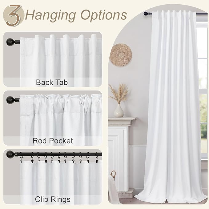 Blackout Curtains 108 Inch Long 2 Panels Burg Sound Curtains Noise Reducing Heavy Drapes 108 Inches Length Faux Linen Farmhouse Floor to Ceiling Curtain for Living Room Office Back Tab 9 ft Tall White
