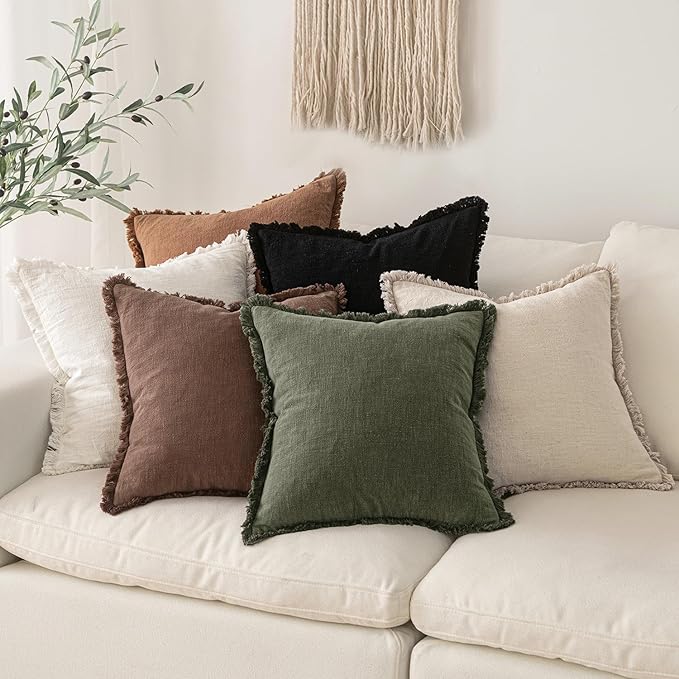 MIULEE Decorative Throw Pillow Covers Neutral Linen Fringe Throw Pillows Euro Shams Set of 2 Dark Coffee Boho Farmhouse Cushion Covers for Couch Sofa Bed Living Room Spring Home Decor 26x26 Inch