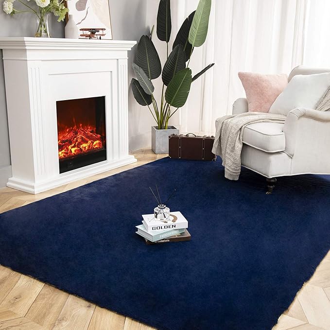 Ashler Faux Fur Rug, Ultra Soft Faux Rabbit Fur, Dark Blue Area Rugs, 5 x 7 Feet Rectangle, Machine Washable Nursery Decor Throw Rugs for Bedroom, Kids Room, Living Room