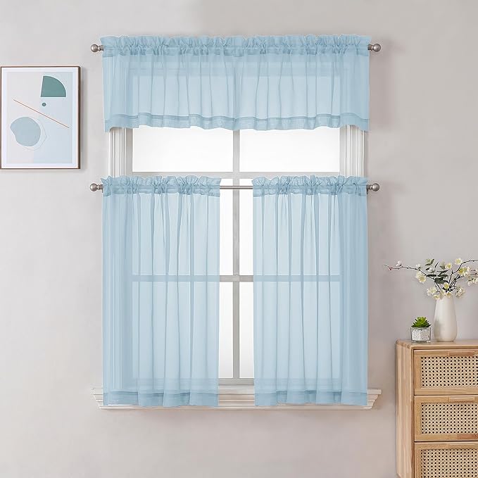 Chyhomenyc Sky Blue Sheer Curtains 30 inch Length 2 Panels, Light Filtering Voile Rod Pocket Short Window Curtians for Bathroom Living Room Farmhouse Small Windows, 42Wx30L inches